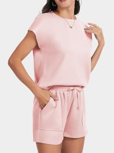 Lallabai 2 Piece Sets for Women Summer Outfits Lounge Sets Crew Neck Short Sets Cap Sleeve Drawstring Sweatsuit with Pocket - Thumbnail 3