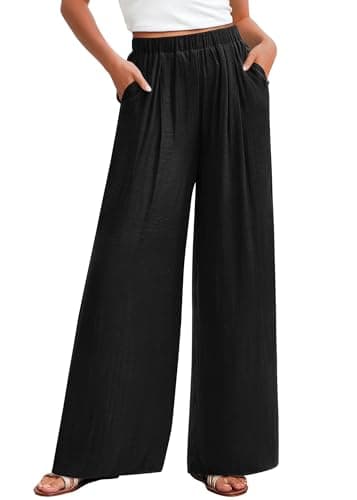 KIRUNDO Wide Leg Pants for Women Summer Flowy Elastic Waist Palazzo Pants Lounge Trousers with Pockets Beach Vacation Outfits(Black, Medium) - Image 1