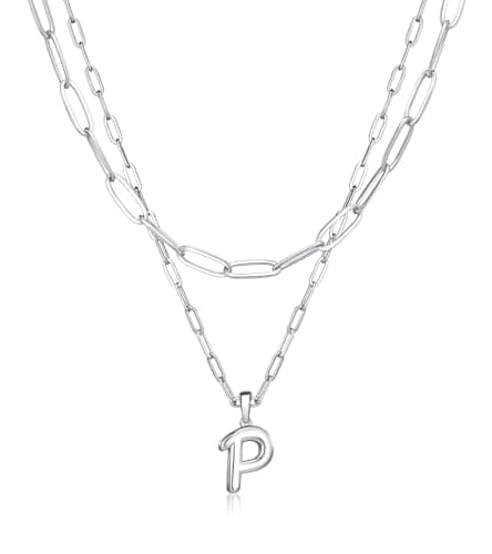 adoyi Valentines Day Gifts Silver Initial Necklace for Women 14k Gold Plated Layered Bubble Letter Necklaces Trendy Jewelry Chain Name P Pendant Necklace Stack Birthday Valentines Day Gifts - Image 1