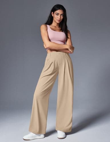 IUGA Wide Leg Pants Woman Pull on Stretchy Work Dress Pants High Waisted Business Casual Trousers Slacks Standard, Large, Light Khaki - Thumbnail 3