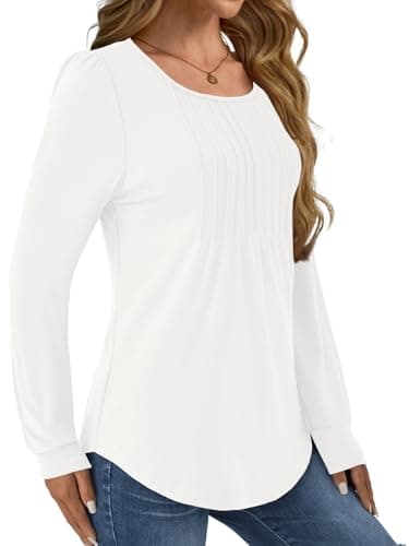 GKBK Women Long Sleeve Shirts Fall Tops Dressy Pleated Scooped Neck Tunic Tops for Leggings White M - Thumbnail 3