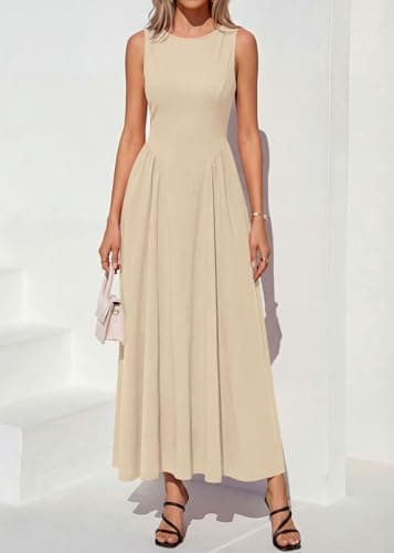 KIRUNDO Wedding Guest Dresses for Women 2026 Summer Semi Formal Work Sleeveless Elegant Boat Neck Flowy A Line Maxi Dress(Beige, Large) - Thumbnail 4