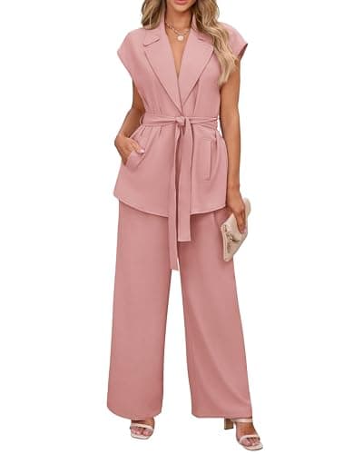 PRETTYGARDEN Women's Two Piece Outfits 2025 Formal Blazer Sets Belted Long Blazer Vest Loose Palazzo Pant with Pockets(Solid Light Pink,Small) - Image 1