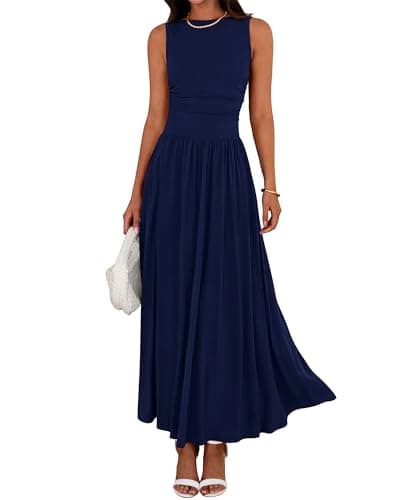 BTFBM Summer Maxi Dresses for Women 2026 Spring Sleeveless Casual Ruched High Waisted Long Sundress Flowy Beach Dress(Navy, X-Large) - Image 1