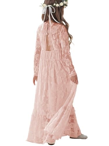 ALLOVIN Toddler & Girls Long Sleeve Lace Flower Girl Dress Maxi Boho A-Line Dress for Wedding Baptism 1st Communion | Dusty Pink | 3-4Y - Image 1
