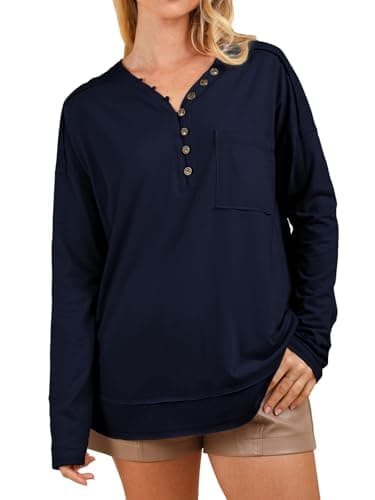 Skoinvb Womens Long Sleeve Henley Tops Button Up Causal Tunics 2025 Trendy Fall Fashion Basic Tshirts Outfits Dark Blue S - Image 1