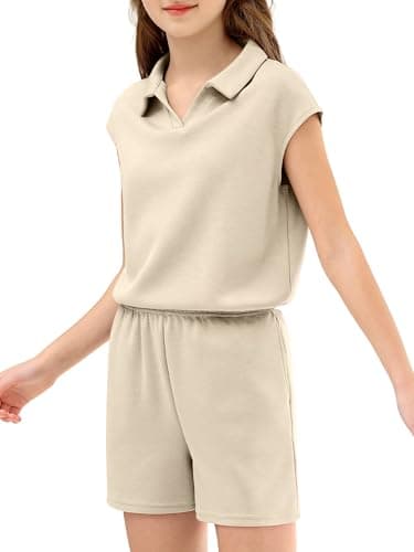 XMWEALTHY Cute Clothes for Girls Summer Casual Activewear Comfort Short Sleeve Tops and Shorts with Side Pockets 2 Piece Outfits for Going Out Holidays Dark Beige 5-6T - Image 1