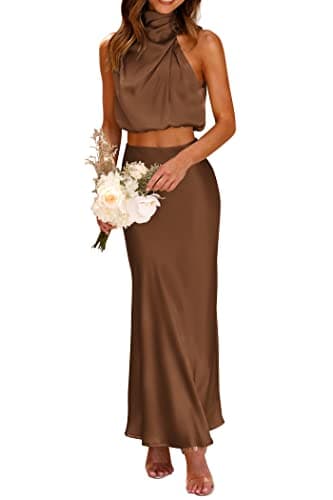 PRETTYGARDEN Women's 2 Piece Satin Outfits Summer Sleeveless Mock Neck Crop Tops and Long Skirt Dress Sets (Khaki,X-Large) - Image 1