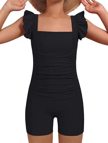 beautyin Girls Bathing Suit One Piece Ruffle Ruched Swimsuit Black Swim Suit - Image 1