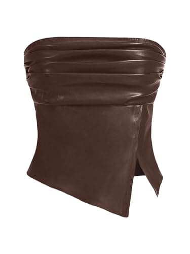 MakeMeChic Women's Leather Tops Strapless Concert Bandeau Crop Tube Tops Ruched Split Club Shirt Coffee Brown X-Large - Image 1