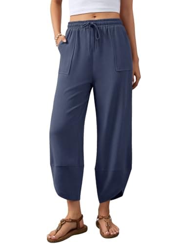 Jiflora Cotton Linen Pants for Women Wide Leg Palazzo Pants Lightweight Summer Beach Free People Pants Navy Blue XL - Image 1