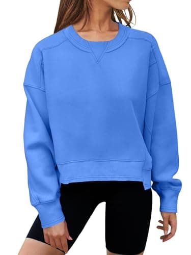 MEROKEETY Women's Oversized Cropped Sweatshirts Crewneck Trendy Workout Pullover Sweater Fall Outfits, Blue, L - Image 1