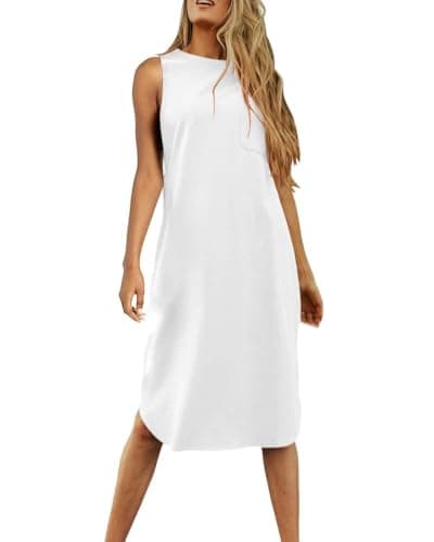 Dyexces Summer T Shirt Dress Womens Crew Neck Sleeveless Basic with Pocket Maxi Casual Midi Dresses Z-White - Image 1