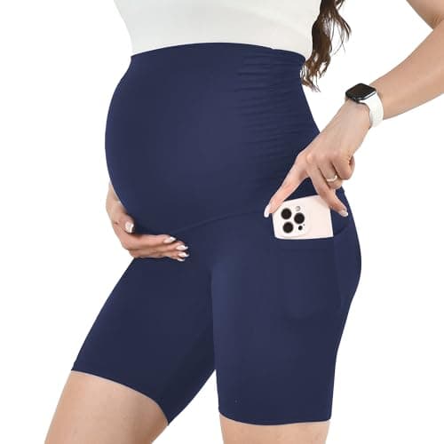 Leafigure Maternity Shorts with Pockets Over The Belly for Women, High Waisted Soft Pregnancy Yoga Pants NavyBlue L - Image 1