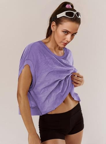MIHOLL Womens Summer Tops 2026 Short Sleeve Cropped Loose Cotton Workout Yoga Open Back Pilates Yoga Shirts (Purple, Large) - Thumbnail 2