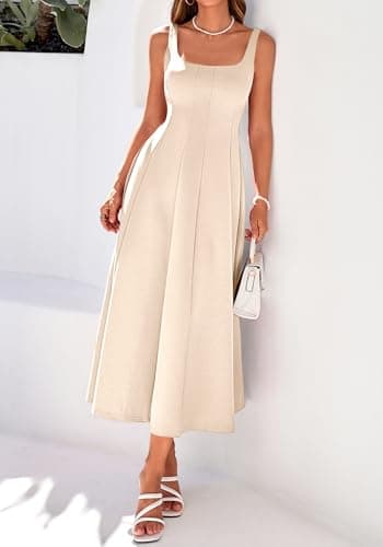BTFBM Women Elegant Wedding Guest Dress Summer Square Neck Sleeveless Flowy A Line Formal Cocktail Party Maxi Dresses(Beige, XX-Large) - Thumbnail 5