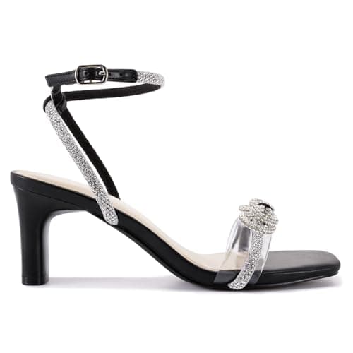 Athlefit Black Rhinestone Bow Heels for Women Open Square Toe Low Heels Ankle Strap Dressy Block Heeled Sandals Size 6 - Thumbnail 3