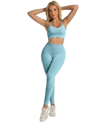 YOAKUKA Women's 4 Piece Workout Sets Seamless Acid Wash Yoga Outfits with Short Sleeve Top Sports Bra Biker Shorts High Waist Leggings Active Set - Thumbnail 5