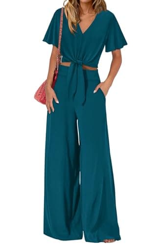 PRETTYGARDEN Women 2 Piece Summer Outfits Short Sleeve Strappy Top Wide Leg Pants Tracksuit Lounge Sets Beach Clothes(Dark Blue,Medium) - Image 1