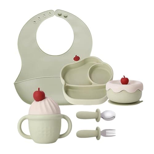 COZY ROCK Silicone Baby Feeding Set, Gelato Collection Baby Led Weaning Supplies, First Self-Feeding Set with Silicone Suction Bowl & Plate, Straw Cup & Bib, Fork & Spoon Silicone Baby (Green)