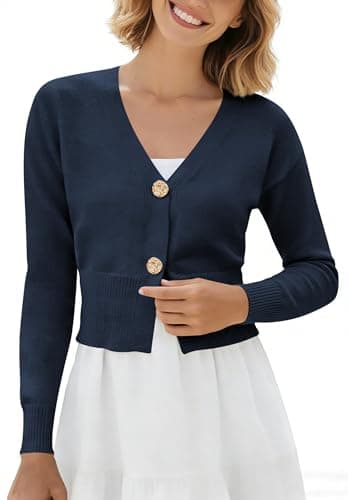 V Neck Cropped Cardigan Women’s Button Down Knit Sweater with Gold Detail for Stylish Layering Looks Navy XL - Thumbnail 4