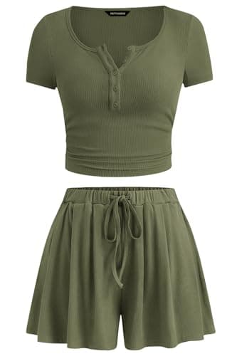 PRETTYGARDEN 2 Piece Sets For Women Summer Short Sleeve Button Up Shirts Drawstring Elastic Waist Shorts Lounge Set 2026(Army Green,Large) - Image 1