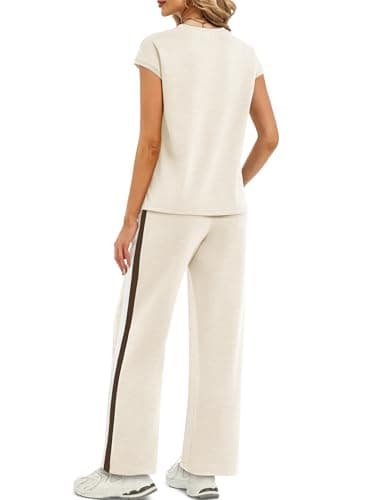 Casly Lamiit Women's 2 Piece Pant Sets Crewneck Pullover Wide Leg Sweatpants Summer Beach Travel Vacation Matching Clothes Country Concert Resort Wear Striped Outfits Beige XS - Thumbnail 4