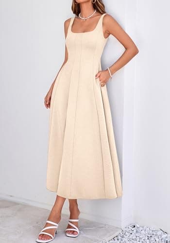 BTFBM Women Elegant Wedding Guest Dress Summer Square Neck Sleeveless Flowy A Line Formal Cocktail Party Maxi Dresses(Beige, XX-Large) - Thumbnail 4