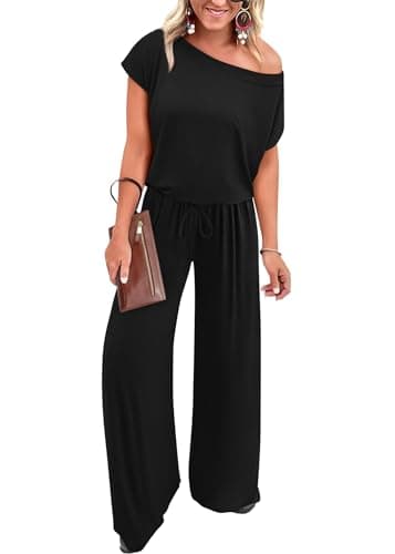 KIRUNDO Black Jumpsuits for Women Dressy Summer Loose One Piece Outfits Off Shoulder Wide Leg Jumpsuit Overalls Stretchy Long Rompers with Pockets 2025(Black, XX-Large) - Image 1