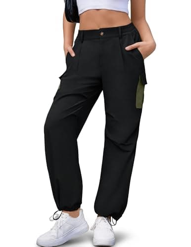 LOOKBOHO Women's Pants Summer 2026 Cargo Contrast Pockets Lightweight Travel Drawstring Casual Joggers Straight Leg Trousers Black Large - Image 1