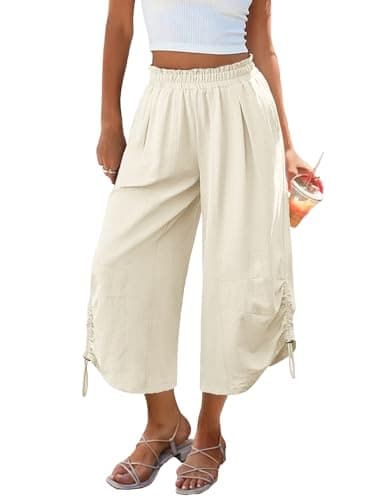 LOOKBOHO Women's Gaucho Summer Capris Pants Beach Wide Leg 2-in-1 Cropped/Ankle Length High Waist Lightweight Palazzo Slacks Apricot Large - Image 1