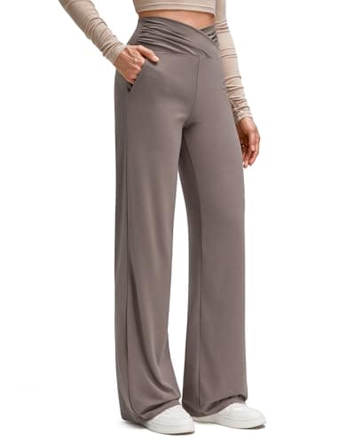 G4Free Wide Leg Pants for Women Crossover Waist Comfy Yoga Trousers with Pockets Stretch Soft Loose Fit Casual Pants(Taupe,S,31") - Image 1
