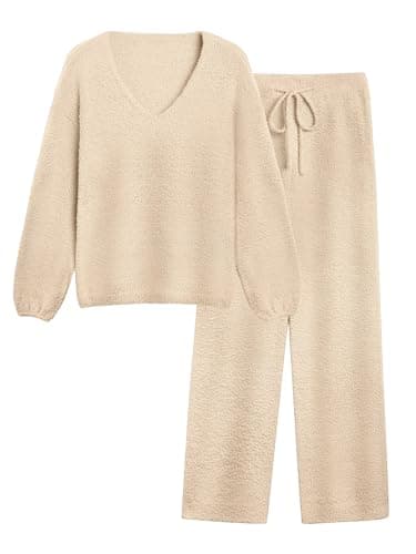 GKBK Womens 2 Piece Outfits Knit Sweater Sets Fuzzy Fleece Long Sleeve Top Wide Leg Pants Loungewear Matching Lounge Set Leisure Winter Fall Winter Cute Slouchy Trendy Clothes Beige L - Image 1