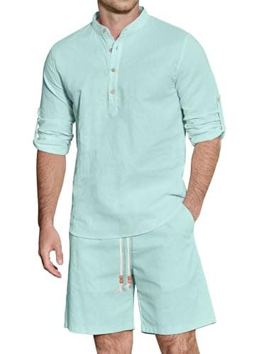 JEMLDL Men's 2 Piece 2 in 1 Linen Cotton Set Casual Long Sleeve Cuban Henley Shirt & Shorts Summer Vacation Outfits Light Green 3XL - Image 1
