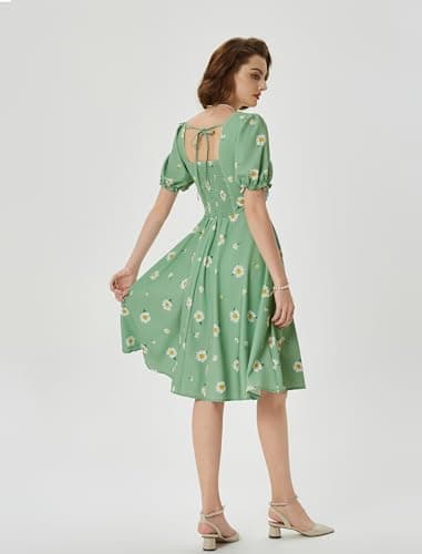 Belle Poque Green Daisy Vintage Elegant Milkmaid Wedding Guest Dress 2026 Summer Square Neck Puff Sleeve Sun Dress XXL - Thumbnail 3