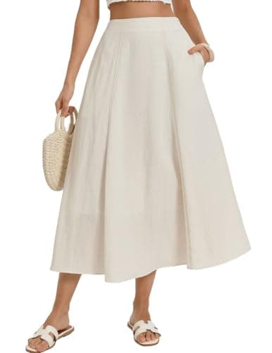 Kate Kasin Women's White Linen Skirts, High Waist A Line Skirt, Flowy Summer Long Skirt with Pockets - Image 1