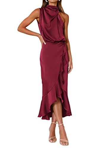 KIRUNDO Women 2026 Spring Summer Satin Mock Neck Wedding Guest Party Cocktail Midi Dress Sleeveless Wrap Ruffle Formal Dress(Wine Red, X-Large) - Image 1