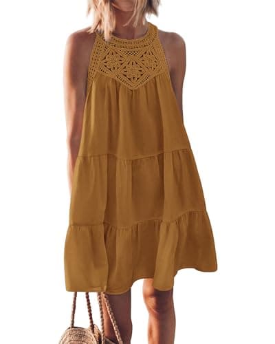BTFBM Women Summer Dresses 2026 Casual Spring Clothes Sleeveless Halter Neck A-Line Boho Mini Dress Beach Vacation Sundress(Brown Yellow, Medium) - Image 1