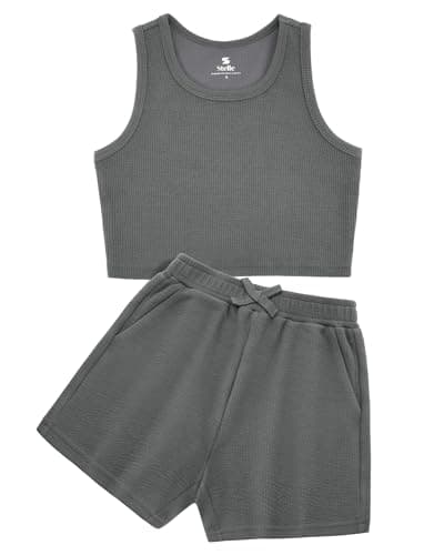 Stelle Girls Athletic Sets, Scoop Neck Ribbed Tank Tops Elastic Waist Shorts With Pockets 2 Piece Outfits, Girls Lounge Set 10-11, Charcoal, Large - Image 1