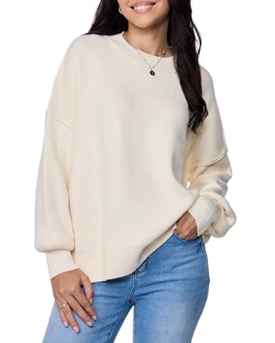 SUHK ASANA Womens Oversized Sweater 2025 Trendy Pullover Crew Neck Long Sleeve Knit Top Fit Cozy Fall Winter Jumper Outwear (US, Alpha, Large Cream - Image 1