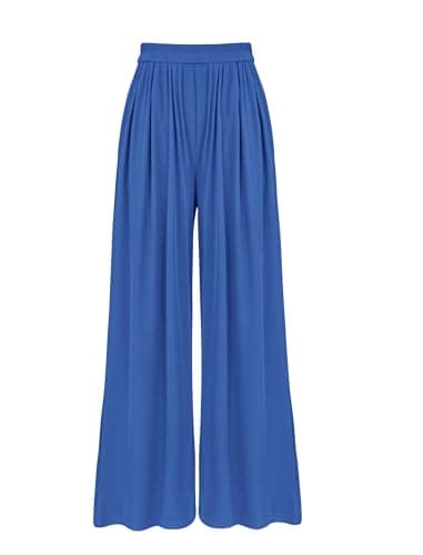 BTFBM Palazzo Pants for Women 2026 Summer Clothes Pockets High Waist Casual Knit Flowy Spring Wide Leg Trousers(Blue, XX-Large) - Image 1