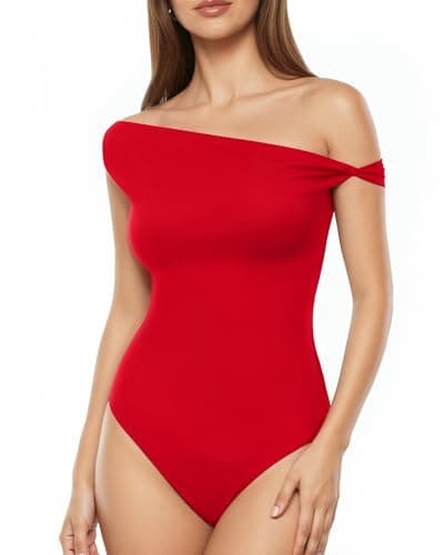 MANGOPOP Women's Off The Shoulder Double Lined Bodysuit Versatile Thong Body Suit Going Out Summer Trendy Tops Red, XX-Large - Image 1