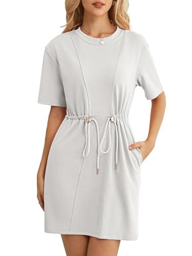 Kikibell Petite Dresses Crew Neck Sweatshirt Mini Dress with Pockets Short Sleeve Casual Outfits Light Gray Small - Image 1