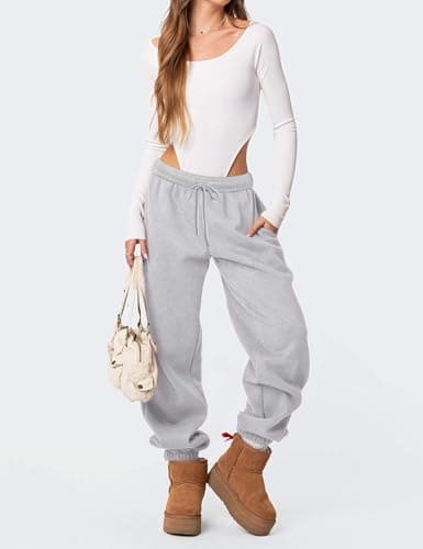 FACDIBY Women's Fleece Lined Sweatpants High Waist Drawstring Sweat Pants Baggy Athletic Pants with Pockets,Grey M - Thumbnail 6