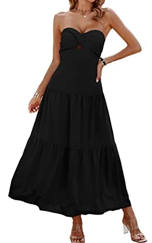 ECOWISH Women's Summer Strapless Dress Maxi Off Shoulder Hollow Out Smocked A Line Tube Tiered Long Dresses Black X-Large - Image 1