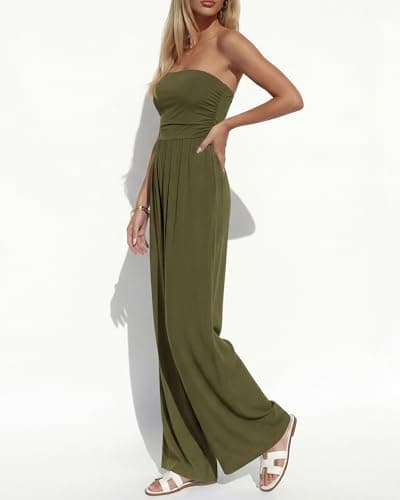 BTFBM Jumpsuits For Women Summer 2026 Beach Vacation Strapless Tube Top Jumpsuit Ruched Casual Wide Leg Pant Rompers(Army Green, Small) - Thumbnail 4
