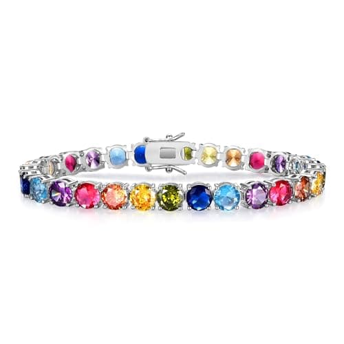 Gemsme 6.0mm Colored Cubic Zirconia Tennis Bracelet for Women, 6MM 18K White Gold Plated Cubic Zirconia Rainbow Tennis Link Bracelet - Image 1