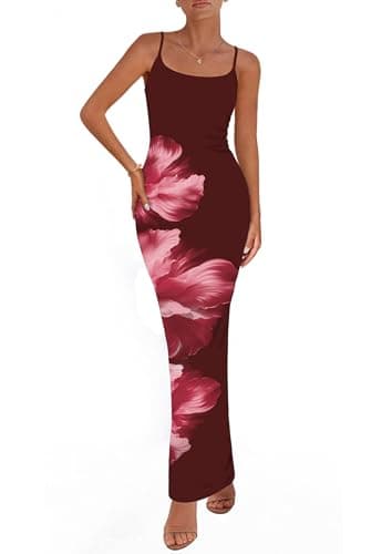 PRETTYGARDEN Womens Floral Maxi Dress Spaghetti Strap Mesh Dress Backless Night Out Party Long Bodycon Dresses(Floral Wine Red,Medium) - Image 1
