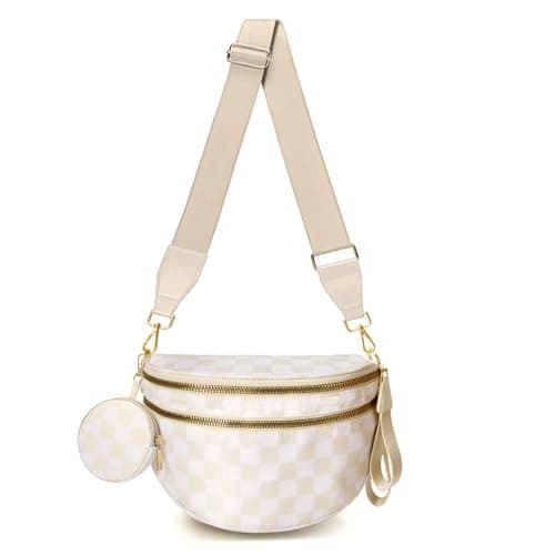 WOOMADA Checkered Crossbody Bag Bum Bag for Women, Spacious Nylon Fanny with Removable Wallets(2pcs-Beige Checkerboard) - Image 1