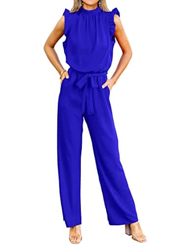 KIRUNDO Jumpsuits For Women Dressy Summer One Piece Sleeveless Ruffle Mock Neck Belt Pockets Formal Wide Leg Pants Romper(Royal Blue, Medium) - Image 1